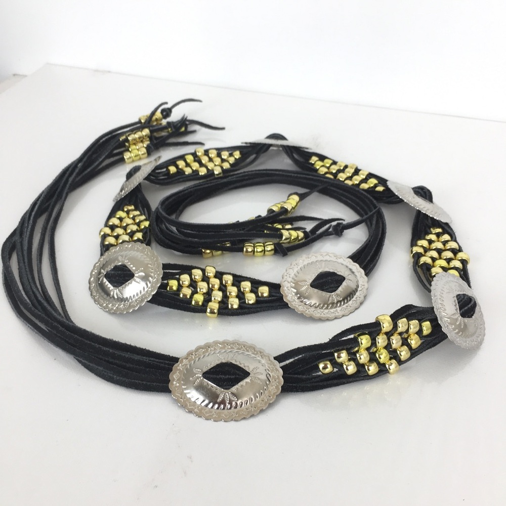 Vintage Boho Western Leather Concho Belt Black Silver Beaded Cowgirl - Picture 11 of 13